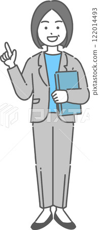 Full-body illustration of a veteran businesswoman/teacher holding a laptop and pointing 122014493