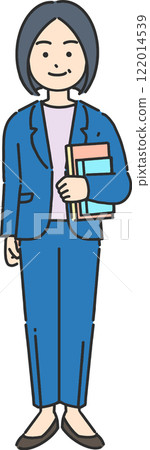 一位資深女商人/老師拿著一本書的全身插圖 一位資深女商人/老師拿著一本書的全身插圖 122014539