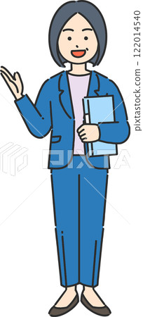 A full-body illustration of a veteran businesswoman/teacher guiding with a file A full-body illustration of a veteran businesswoman/teacher guiding with a file 122014540