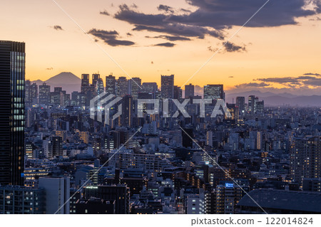 Tokyo: Night view of Shinjuku with a view of Mount Fuji 122014824