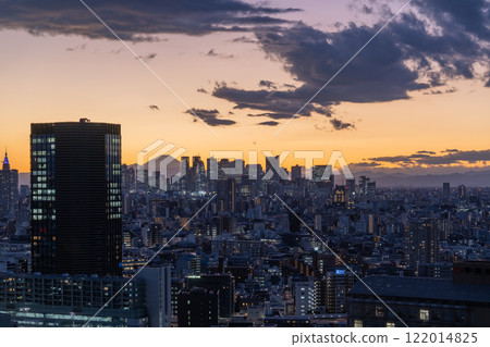 Tokyo: Night view of Shinjuku with a view of Mount Fuji 122014825
