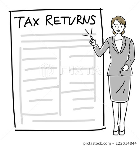 A rough hand-drawn line drawing of a woman giving guidance on filing tax returns A rough hand-drawn line drawing of a woman giving guidance on filing tax returns 122014844