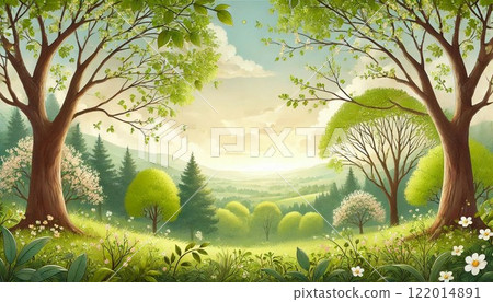 平靜的春天森林景觀充滿了新鮮的綠色植物和花朵 平靜的春天森林景觀充滿了新鮮的綠色植物和花朵 122014891