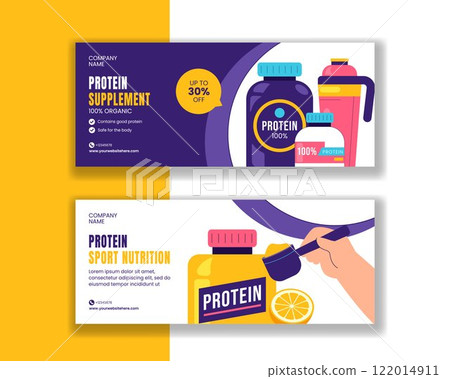 Flat Cartoon Protein Supplement Design for Social Media Horizontal Banner Promotion 122014911