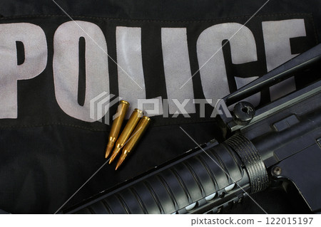 SWAT weapon and equipment on black uniform 122015197