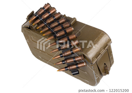 Ammo box with ammunition belt and 7.62 mm cartridges for kalashnikov PK or PKM machine gun isolated on white. Ammo box with ammunition belt and 7.62 mm cartridges for kalashnikov PK or PKM machine gun isolated on white. 122015200