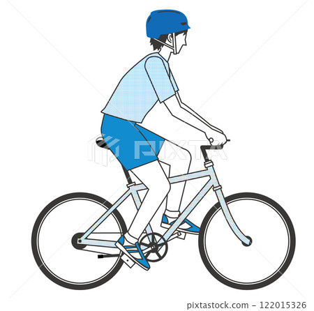 一個簡單的雙色插圖，顯示一個戴著頭盔、穿著運動服騎自行車的男子，白色背景 122015326