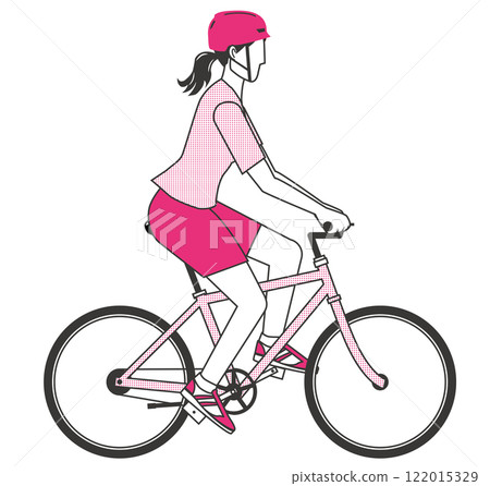 A simple two-color illustration of a woman wearing a helmet and riding a bicycle in sportswear on a white background A simple two-color illustration of a woman wearing a helmet and riding a bicycle in sportswear on a white background 122015329