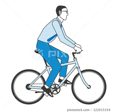 Simple two-color illustration of a male businessman riding a bicycle Commuting scene White background 122015334