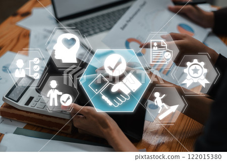 Digital icons symbolize trust, partnership, and success in a business environment, highlighting key elements of reliability and teamwork. Digital icons symbolize trust, partnership, and success in a business environment, highlighting key elements of reliability and teamwork. 122015380