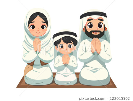 Muslim family, father, mother, and child dressed in traditional attire including hijab, kneeling together on prayer rugs as they perform their prayers. Muslim family, father, mother, and child dressed in traditional attire including hijab, kneeling together on prayer rugs as they perform their prayers. 122015502