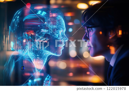 A holographic AI interviewer interviews a young man A holographic AI interviewer interviews a young man 122015978