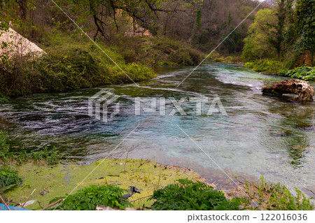 Blue Eye spring (Syri i Kalter), more than fifty metre deep natural pool with clear, fresh water, near Sarande in Vlore Country in southern Albania 122016036