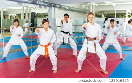 Boys and girls exercising kata during karate training Boys and girls exercising kata during karate training 122016235