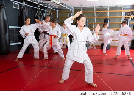 Girl fighting karate stand in the gym. Children in pair practice karate Girl fighting karate stand in the gym. Children in pair practice karate 122016288