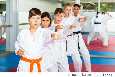 Kids in kimono standing in row in gym 122016353
