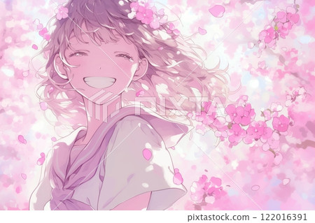 櫻花和微笑的女孩插畫“AI生成圖像” 櫻花和微笑的女孩插畫“AI生成圖像” 122016391