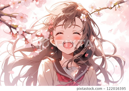 櫻花和微笑的女孩插畫“AI生成圖像” 122016395