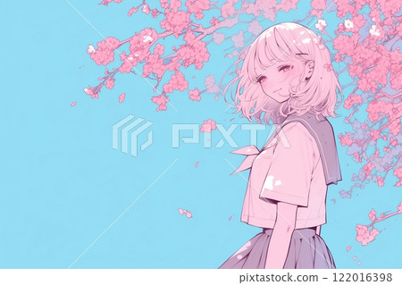 櫻花和微笑的女孩插畫“AI生成圖像” 122016398