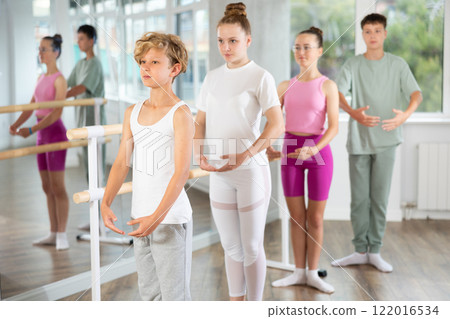 Teenagers at choreography lesson learn to stand in first position of ballet Teenagers at choreography lesson learn to stand in first position of ballet 122016534