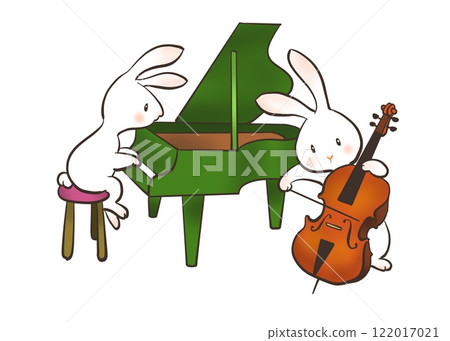 一隻兔子愉快地一起演奏大提琴和鋼琴的插圖 122017021