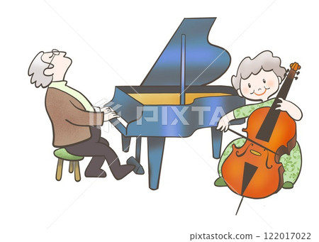 An illustration of two seniors happily playing together on piano and cello An illustration of two seniors happily playing together on piano and cello 122017022