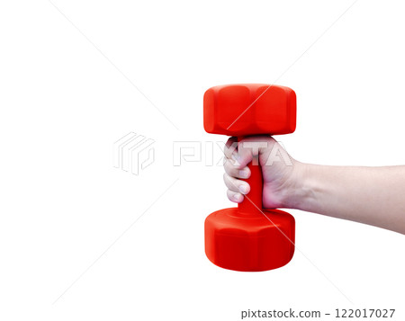 A person's hand holds a red dumbbell. A person's hand holds a red dumbbell. 122017027