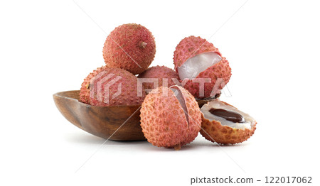 Fresh Litchi Fruits in Wooden Bowl Isolated on White Background Fresh Litchi Fruits in Wooden Bowl Isolated on White Background 122017062