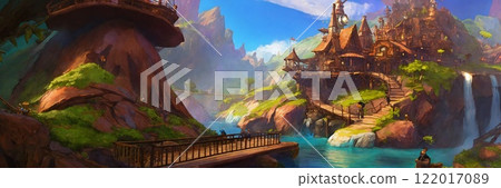 Fantasy village surrounded by waterfalls and mountains 122017089