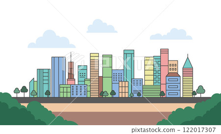 Flat Design Illustration of Colorful Cityscape Skyscrapers Building Landscape in Bright Sky Flat Design Illustration of Colorful Cityscape Skyscrapers Building Landscape in Bright Sky 122017307