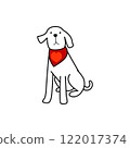 Illustration of a dog wearing a bandana-style heart-patterned collar, sitting facing forward 122017374