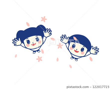 孩子們仰望盛開的櫻花花瓣飄落 122017723