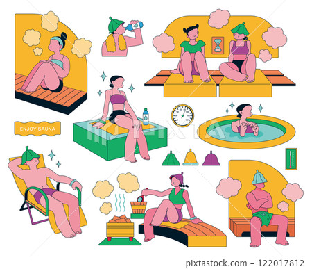 Set of people enjoying sauna activities Set of people enjoying sauna activities 122017812