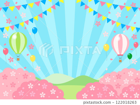春節假期背景，橫，櫻花，插畫，可愛，氣球，氣球，集中線條 122018263