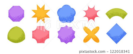 Noise sticker shape collection. Primitive geometric label element pack. Bright textured patch bundle. Set of abstract dotted blank badges for price tag and sale promotion. Vector design elements set 122018341