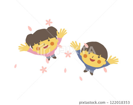 孩子們仰望盛開的櫻花花瓣飄落 122018353