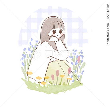 一個女孩坐在花田裡，下巴靠在背上 122018404