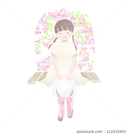 A girl sitting with a hat and flowers in the background 122018405