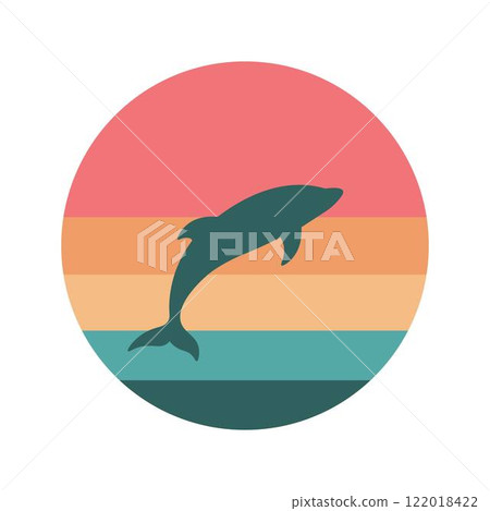 Dolphin Silhouette Jumping on the Ocean Surface with Colorful Circle in the Sky 122018422