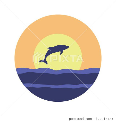 Dolphin Silhouette Jumping on the Ocean Surface with Sun Circle at Sunset Sunrise Dolphin Silhouette Jumping on the Ocean Surface with Sun Circle at Sunset Sunrise 122018423