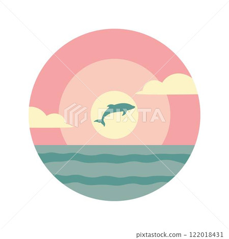 Dolphin Silhouette Jumping on the Ocean Surface with Sun Circle at Sunset Sunrise 122018431