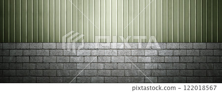 Closeup view of gray wall. Abstract pattern of a wall with brick and horizontal ribbed lines 122018567