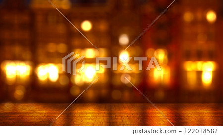 Empty city street with colorful bokeh lights of cityscape lights in the night. Mockup or template. Copy space. Abstract blurred wallpaper or background 122018582