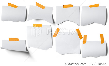 Collection set of empty ripped white notepaper. Blank tag sign label. Copy space. Mockup or template. Presentation or advertising 122018584