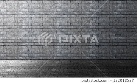 Black wall with black floor. Abstract pattern of a brick wall and floor. Mockup. Copy space. Wallpaper or texture background 122018587