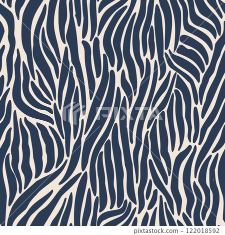Navy and white zebra stripe pattern creates a dynamic, flowing composition reminiscent of natural textures. Perfect for fashion, interior design, or artistic backgrounds and textiles. 122018592