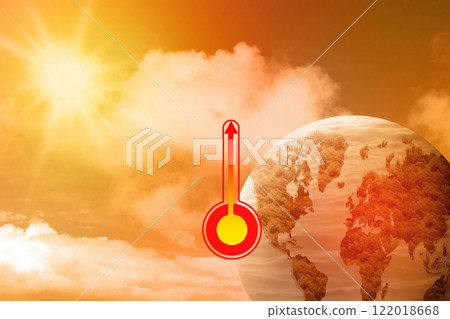 Earth with sign a thermometer with a high or heat temperature indicator Earth with sign a thermometer with a high or heat temperature indicator 122018668