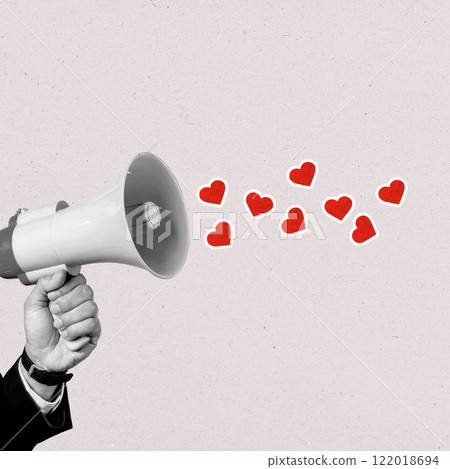 Business hand holding megaphone with red hearts on a colored background Business hand holding megaphone with red hearts on a colored background 122018694