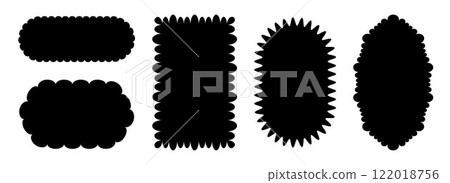 Various wave edge frame collection. Jagged scalloped border element set. Black wavy undulate graphic design templates for decoration, banner, poster, sticker, badge. Vector vintage bundle 122018756