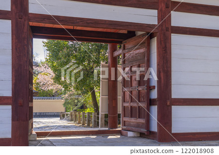 Spring in Kyoto: Honpoji Temple, cherry blossoms and Niomon Gate 122018908